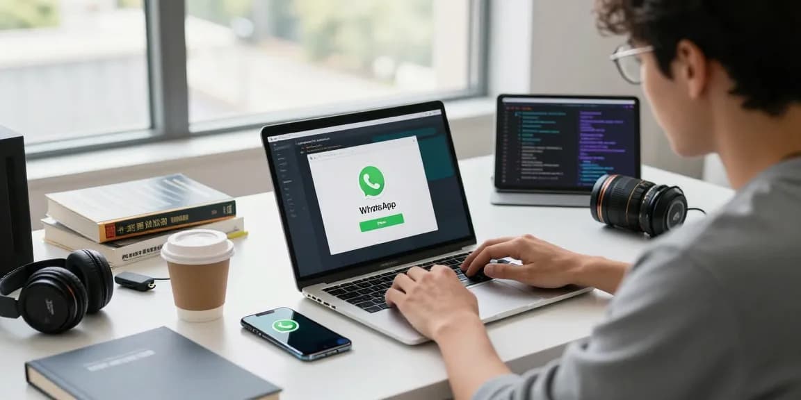 Downloading WhatsApp下載 on a laptop in a modern workspace, showcasing a productive tech environment.