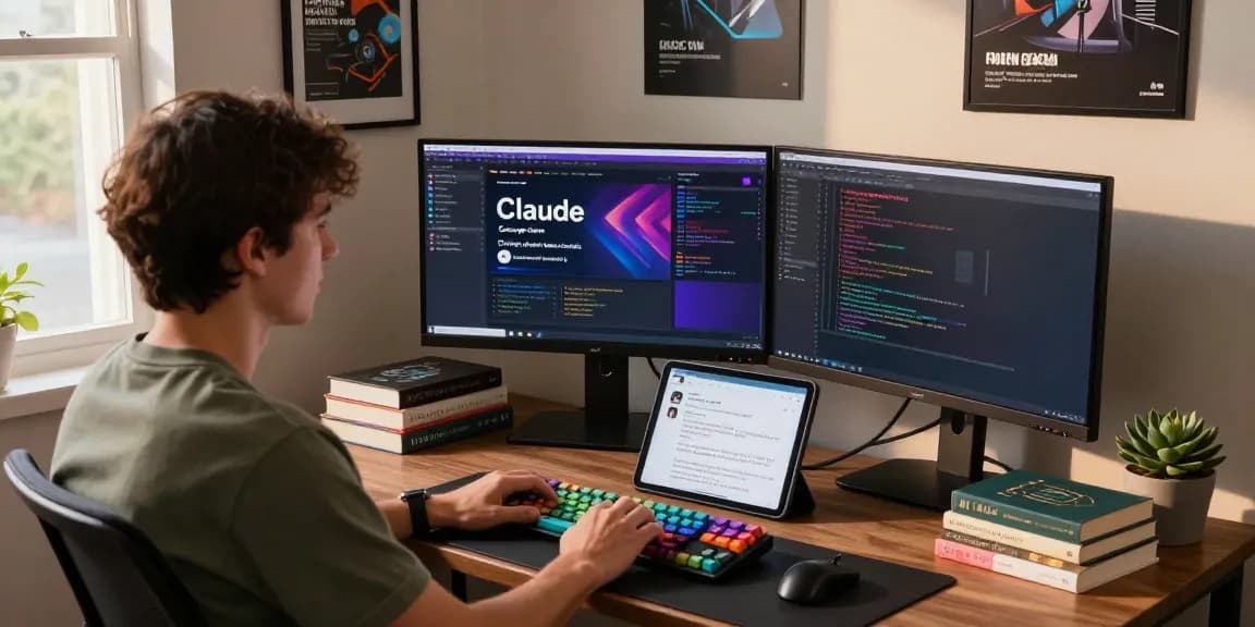 A focused individual explores ChatGPT alternatives in a modern home office, showcasing vibrant app interfaces and a productive atmosphere.