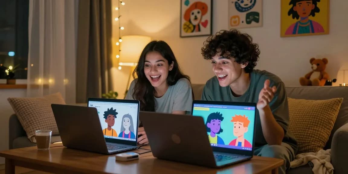Couple enjoying nsfw chat with animated AI characters in a cozy setting