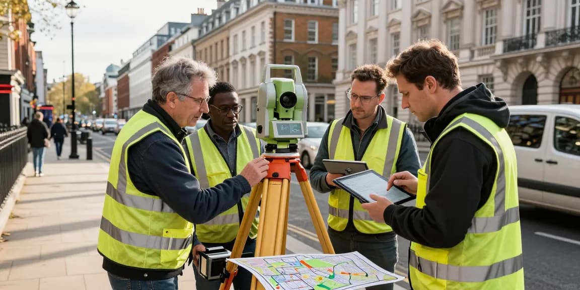London land surveyors conducting a topographical survey with advanced equipment in an urban setting.