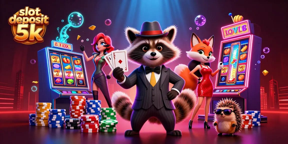 Exciting slot deposit 5k scene with raccoon holding a royal flush, fox lady, and hedgehog, vibrant slot machine.