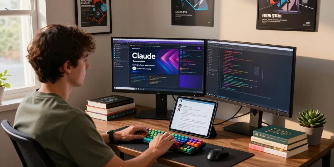 A focused individual explores ChatGPT alternatives in a modern home office, showcasing vibrant app interfaces and a productive atmosphere.