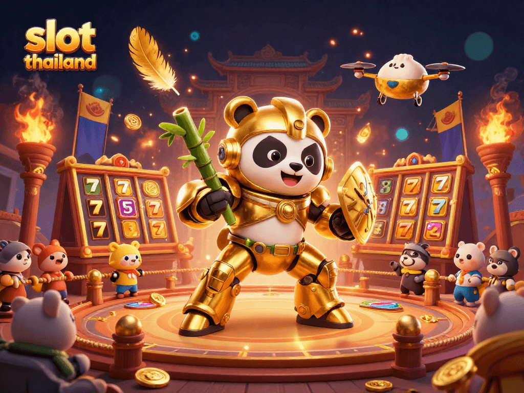 Engage with slot thailand visuals featuring a golden panda in a dynamic 3D slots arena, emphasizing thrilling gameplay.