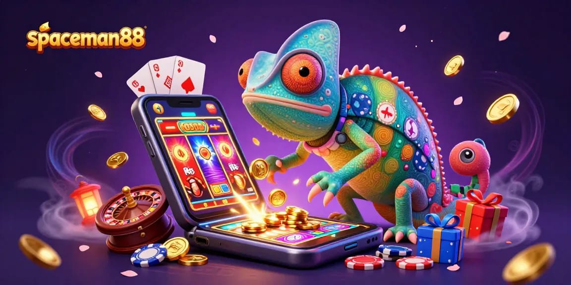 Experience the thrill of spaceman88 with this dynamic casino illustration featuring a colorful chameleon owner amidst vibrant slots and poker elements.