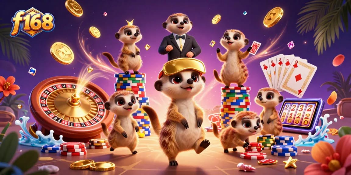 Experience thrilling gaming at f168 with meerkats running a lively casino scene.