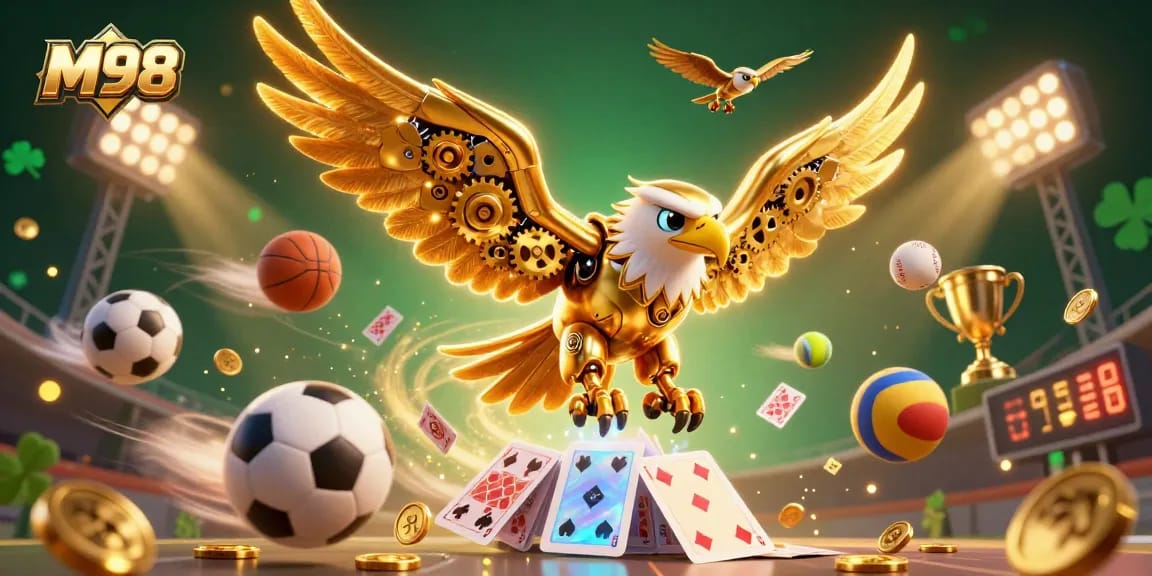 M98 delivers action-packed gaming excitement with a vibrant eagle diving through holographic cards amidst dynamic sports elements.