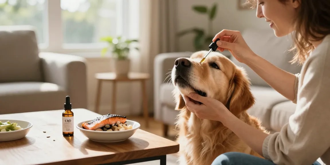 CBD oil for dogs in Canada, a dog owner administering oil to their pet in a cozy living room, emphasizing natural wellness.