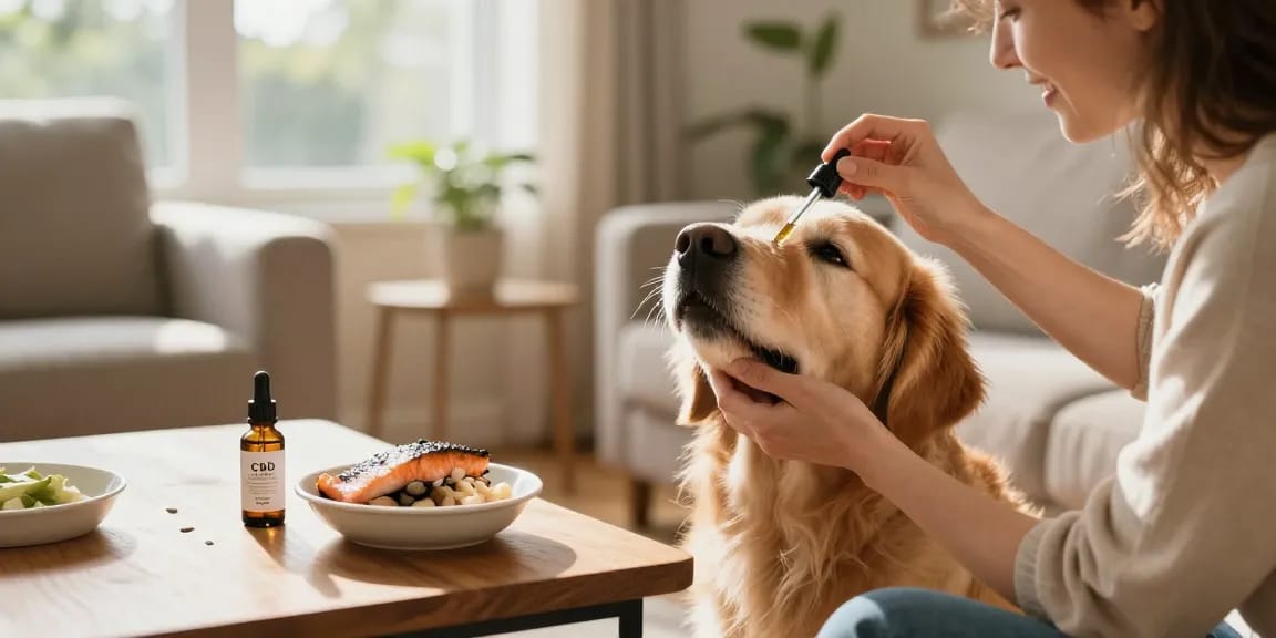 CBD oil for dogs in Canada, a dog owner administering oil to their pet in a cozy living room, emphasizing natural wellness.