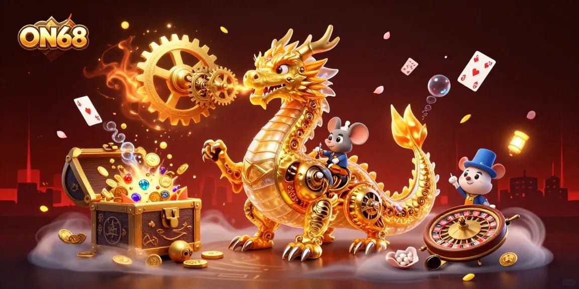 Unleash your luck with ON68's vibrant dragon and casino elements in a thrilling 3D realm.
