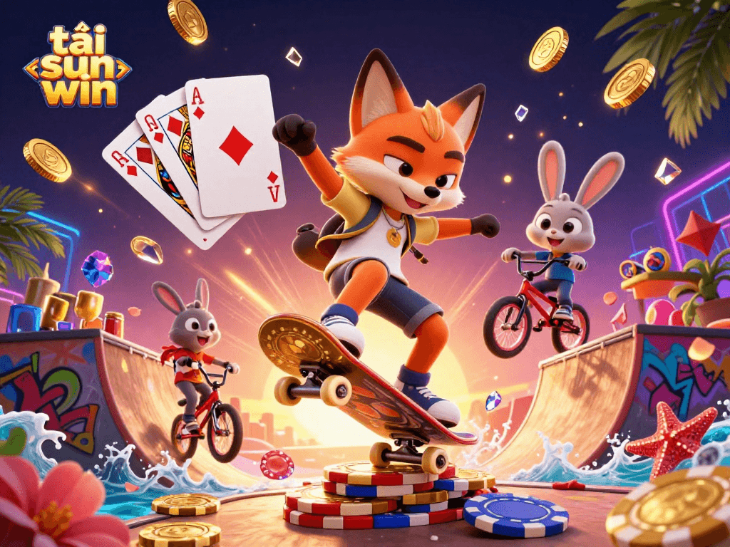 Engage with the thrill of tải sun win, featuring vibrant casino elements in a dynamic 3D scene.