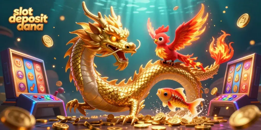 Experience thrilling gameplay with slot deposit dana in this vibrant 3D casino illustration featuring a dragon and phoenix.