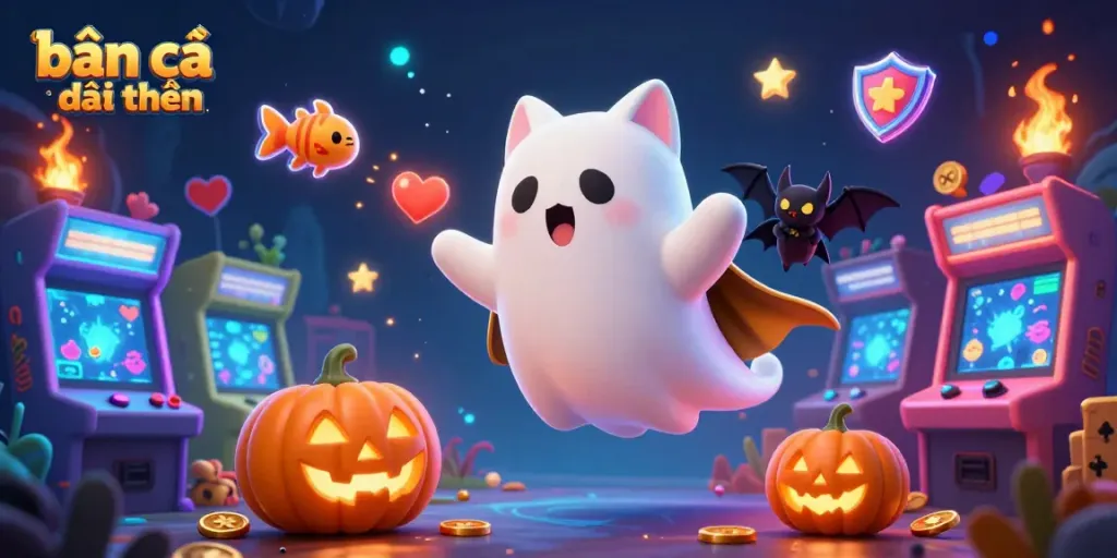 Engaging scene of bắn cá đổi thưởng featuring a ghost cat and bat in a fish shooting game underwater setup.