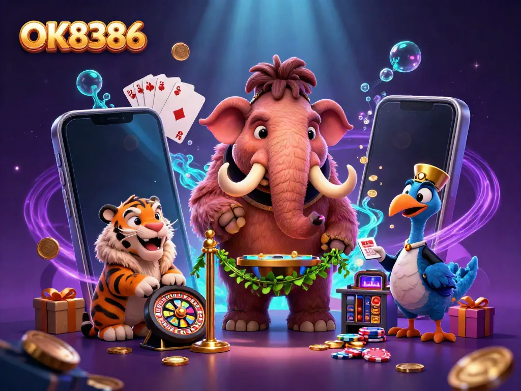 Experience the vibrant world of OK8386 with dazzling casino characters and dynamic gaming elements.