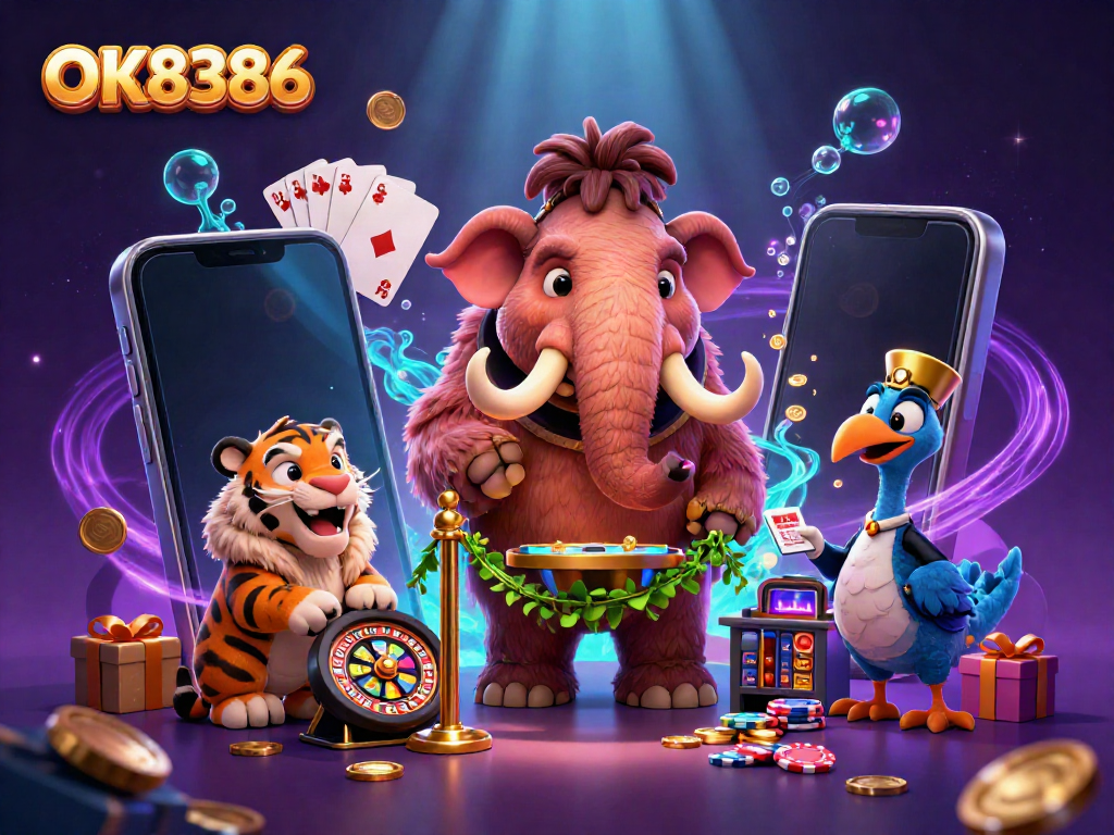 Experience the vibrant world of OK8386 with dazzling casino characters and dynamic gaming elements.