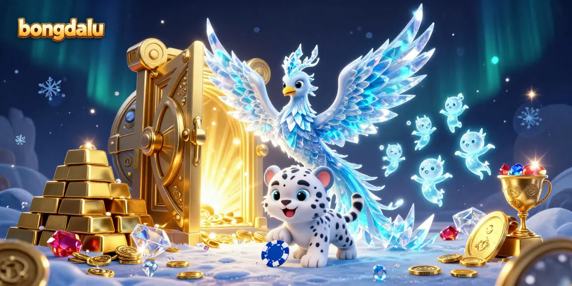 Bongdalu showcases an ice phoenix amidst gold coins and poker elements, capturing the thrill of casino gaming.