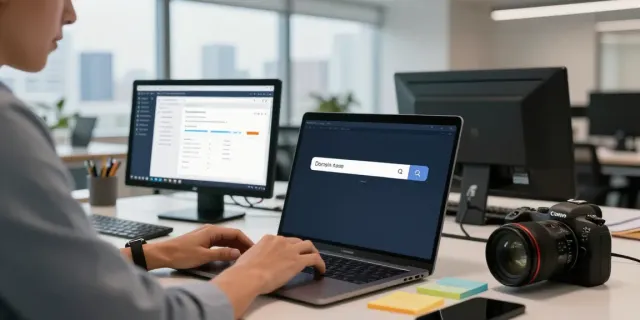 Domain name search UK professional focusing on registration tools in a modern office workspace.