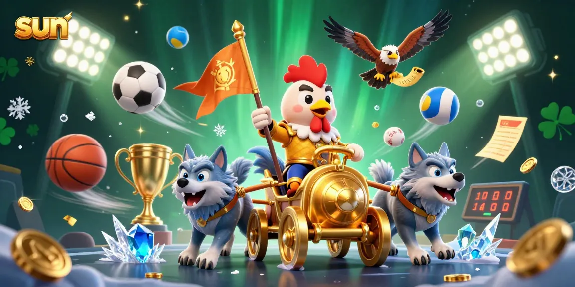 Engage with sun-themed betting action featuring dynamic sports elements and a royal rooster warrior.