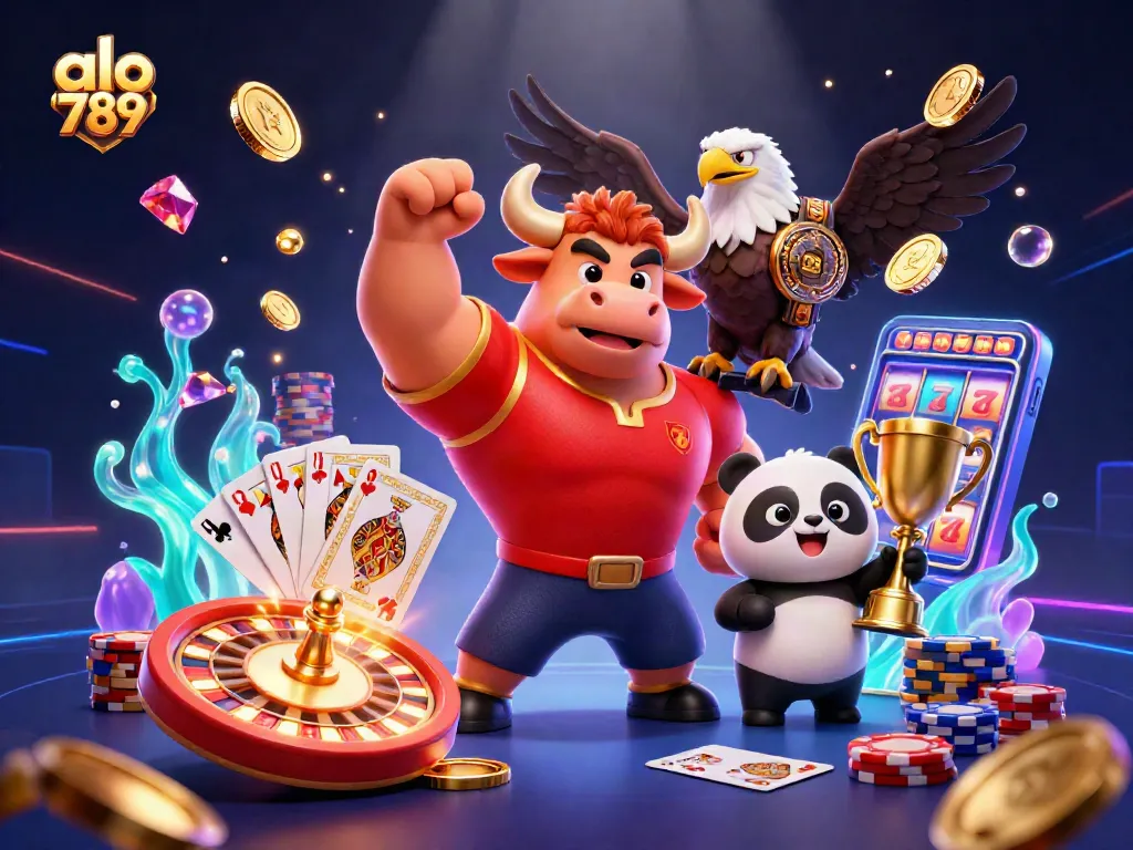 Experience thrilling wins at alo 789, where a victorious bull, eagle, and panda celebrate in a vibrant casino.
