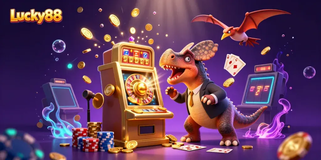 Experience Lucky88's thrilling jackpot scene with cartoon dinosaurs and cascading coins.