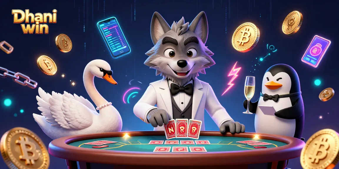 Dive into the excitement of Dhani win, featuring a charming wolf and swan at a baccarat table, with cryptocurrency symbols.