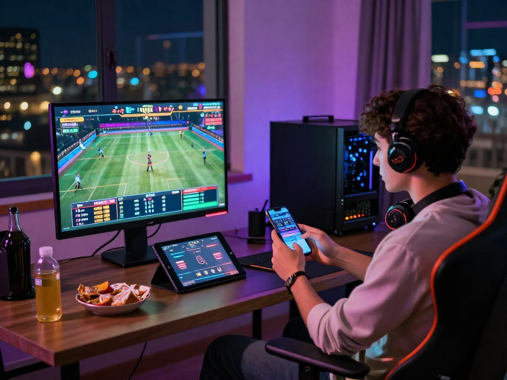 Engaged player using TK 1971 for live sports betting in a vibrant gaming room.
