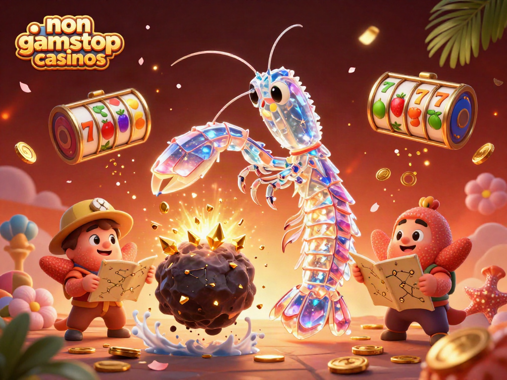 Engaging scene showcasing non gamstop casinos with a galactic mantis shrimp and starfish amid slot reels and golden coins.