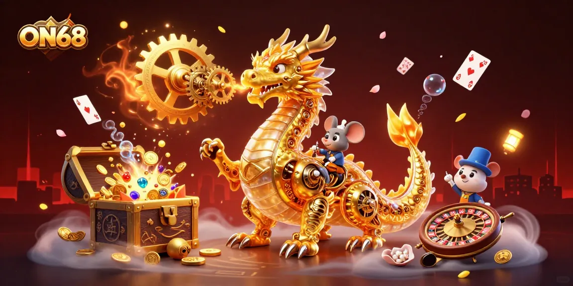 Unleash your luck with ON68's vibrant dragon and casino elements in a thrilling 3D realm.