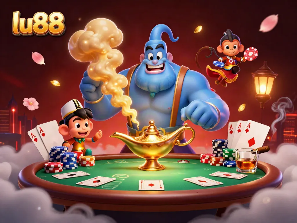 Experience thrilling poker action with lu88's vibrant 3D casino scene featuring a genie and poker chips.
