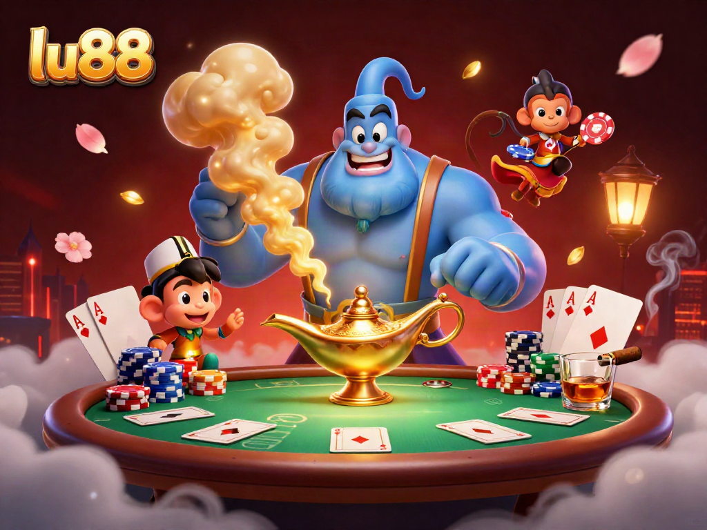 Experience thrilling poker action with lu88's vibrant 3D casino scene featuring a genie and poker chips.