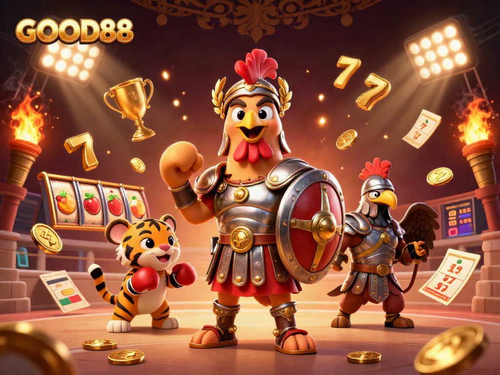 Watch the engaging GOOD88 slots experience with a gladiator rooster battling for jackpots amidst colorful gaming elements.