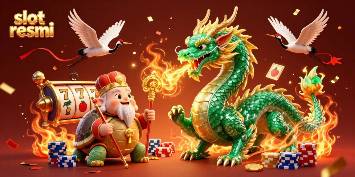 Experience the excitement of slot resmi illustrated with a jade dragon and lucky symbols in a vibrant casino scene.