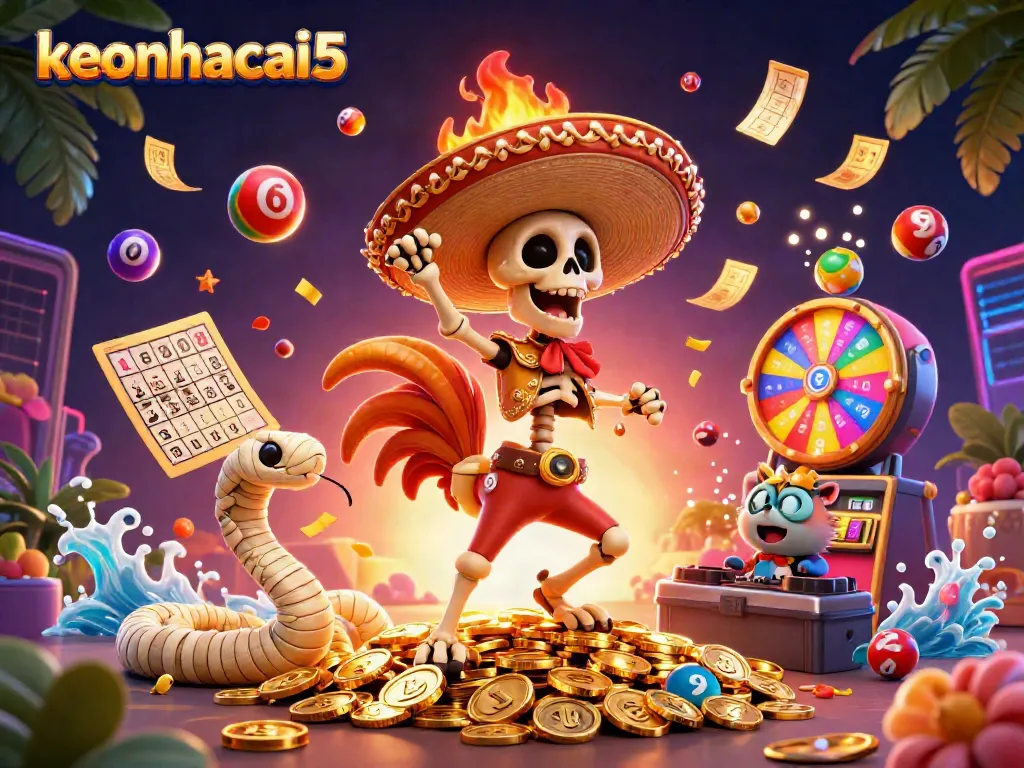 Experience winning spins with keonhacai5 as a mariachi rooster dances on gold coins amidst vibrant prize elements.