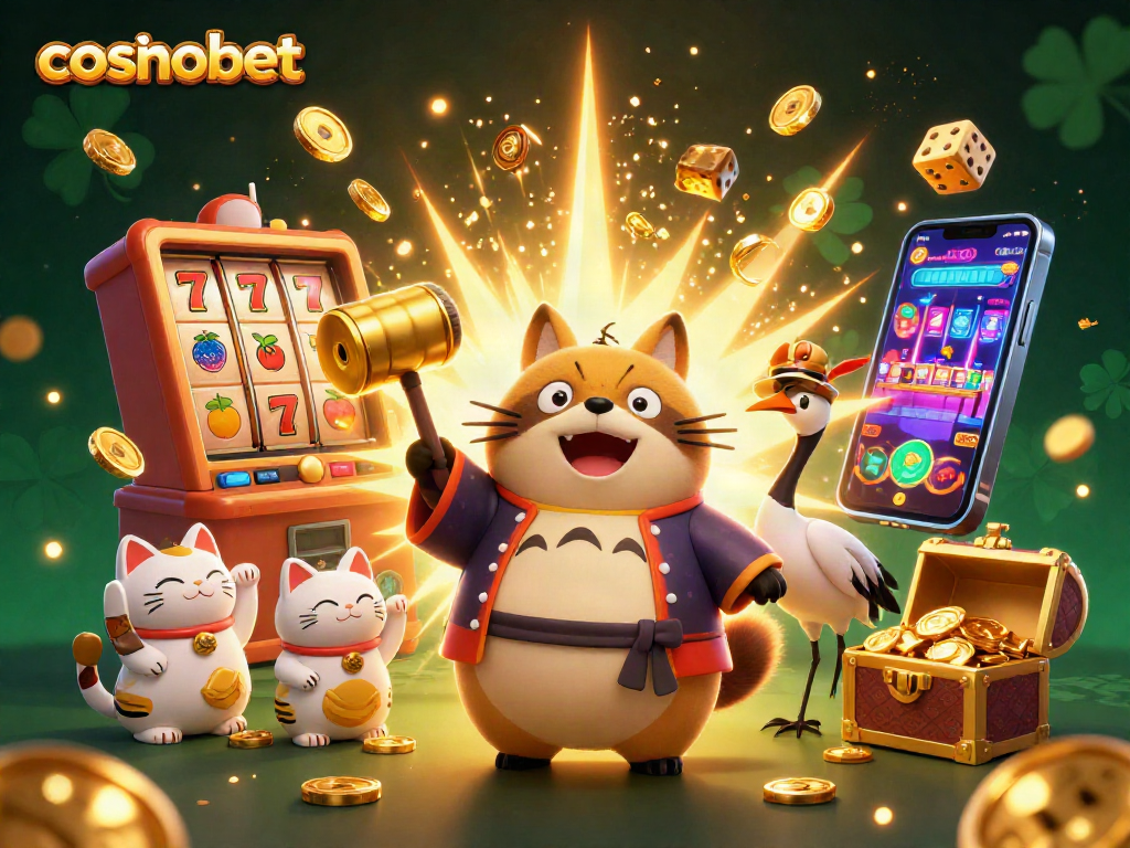 Experience the excitement of cosmobet with cheerful characters and vibrant casino elements in a lively scene.