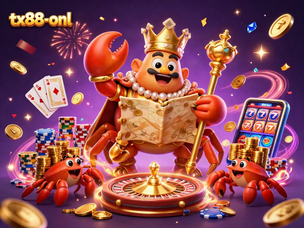 Engage with the tx88-onl casino experience featuring an emperor crab among riches and dynamic gaming elements.
