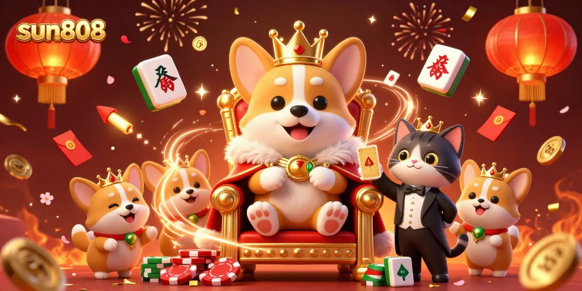Experience thrilling gameplay at sun808, featuring corgis, poker chips, and celebratory elements.