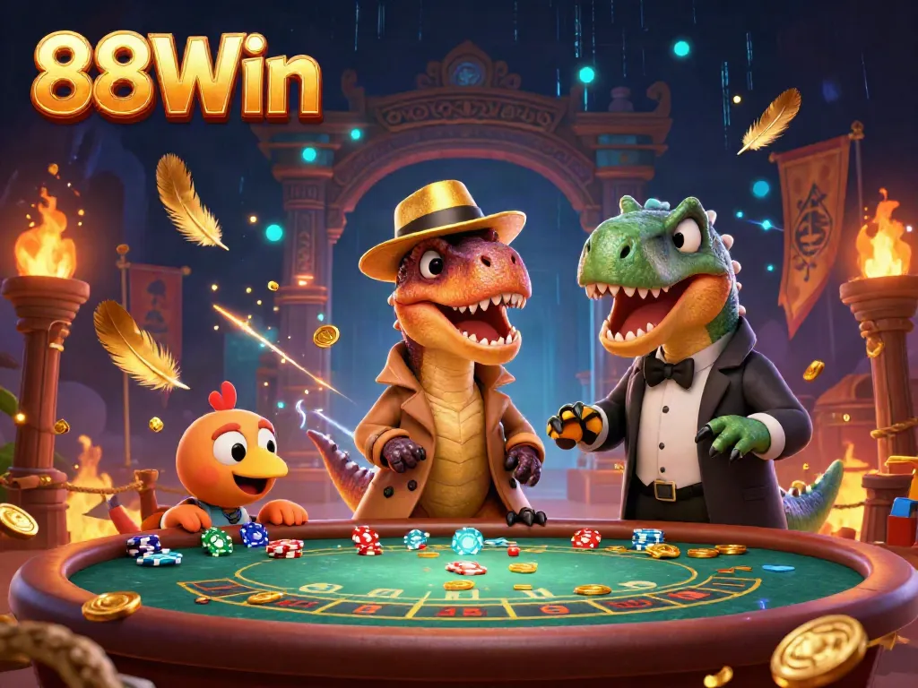 Experience thrilling casino action with 88Win featuring a velociraptor card counter amidst vibrant gaming elements.
