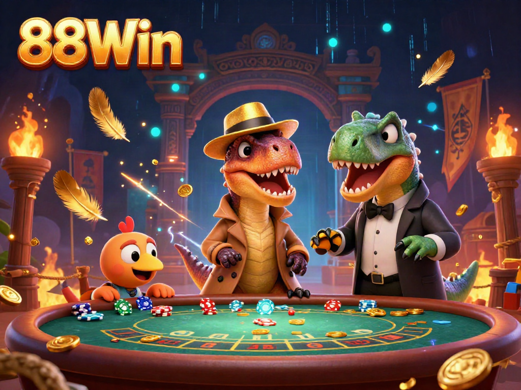 Experience thrilling casino action with 88Win featuring a velociraptor card counter amidst vibrant gaming elements.