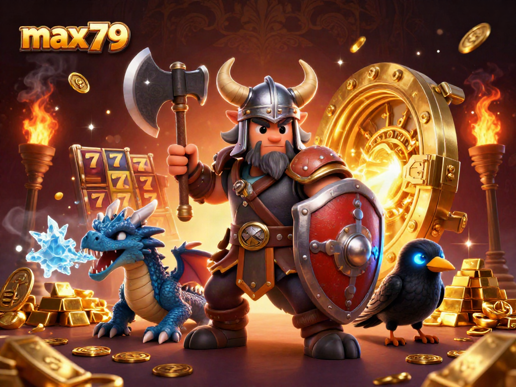 Win big with max79: 3D Viking warrior, dragon, and slot reels creating a thrilling casino scene.