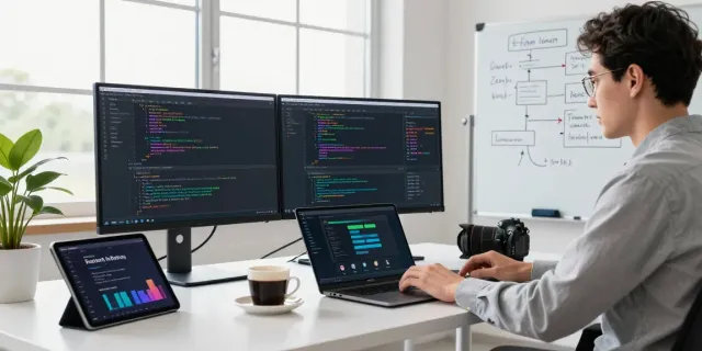 Developer working on instant indexing solutions in a bright modern workspace.