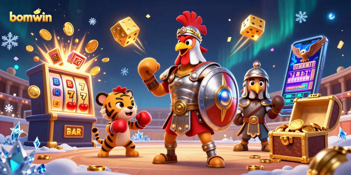 Win at bomwin with a dynamic 3D illustration featuring a gladiator rooster and slot machine action.