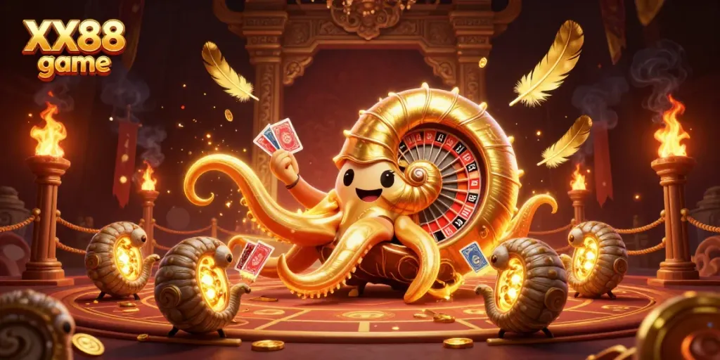 Engage in thrilling gameplay at XX88 game, featuring an ancient nautilus roulette wheel and glowing ammonites in an exciting casino scene.