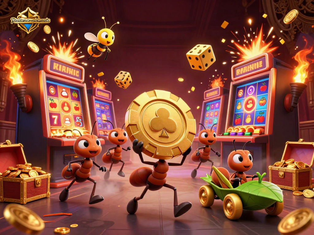 Ants carrying a golden poker chip in a dynamic scene, featuring positanorestaurants elements and casino symbols.