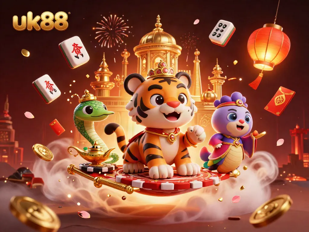 Experience the excitement of uk88 with a vibrant 3D illustration featuring a tiger sultan and magical elements.