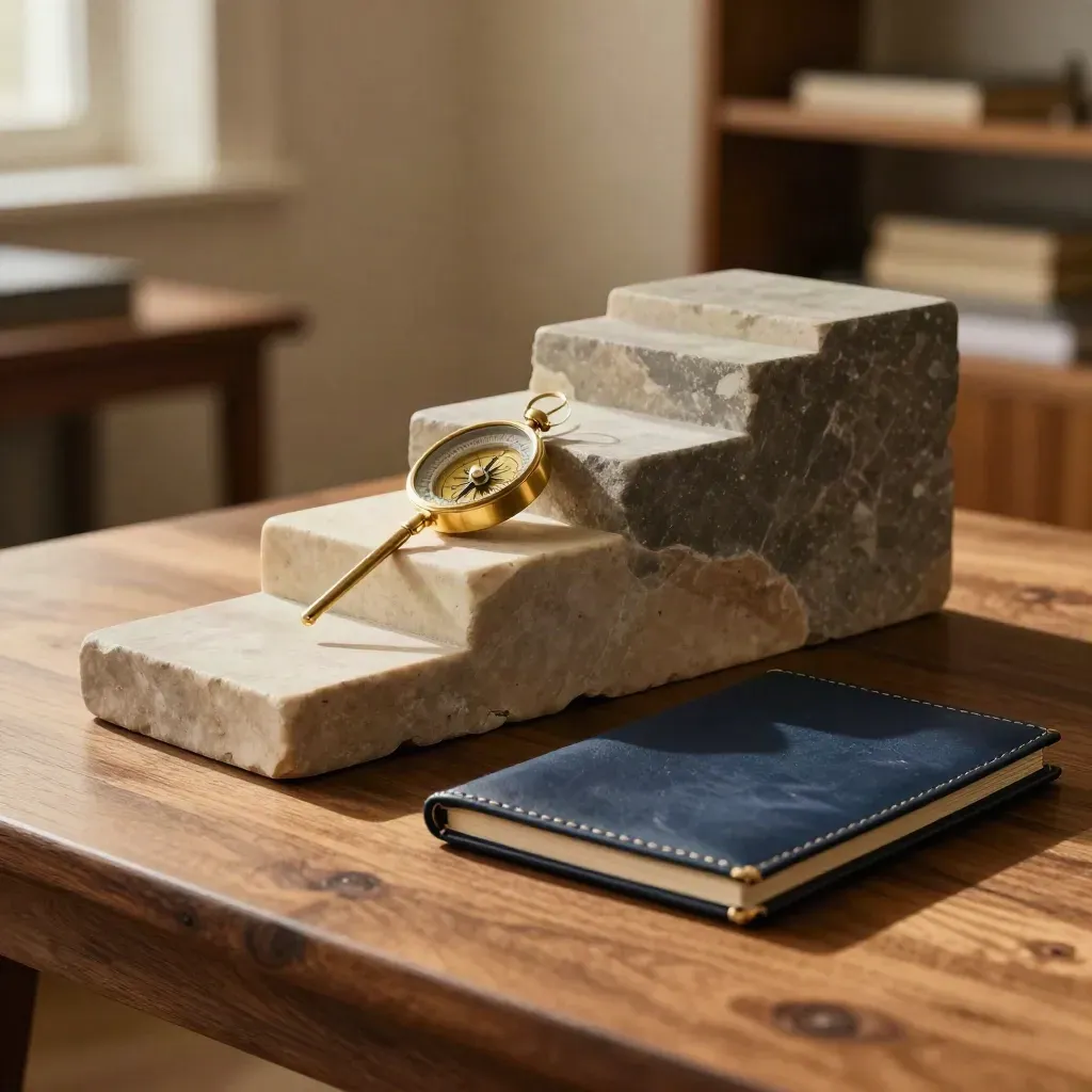 Stone blocks, brass compass and navy folio on walnut table in warm daylight.