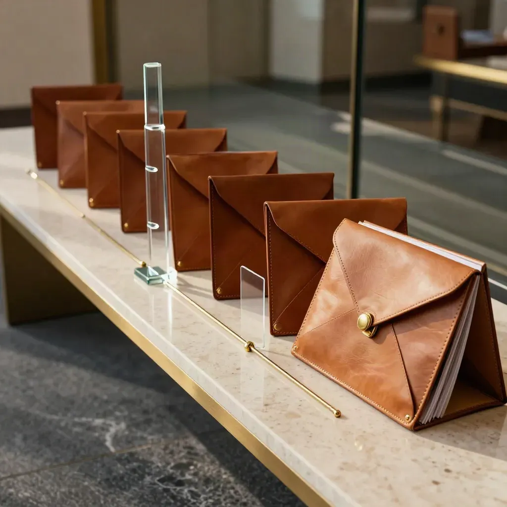 Leather capital raising folios and glass model arranged in a premium advisory room, mid-motion