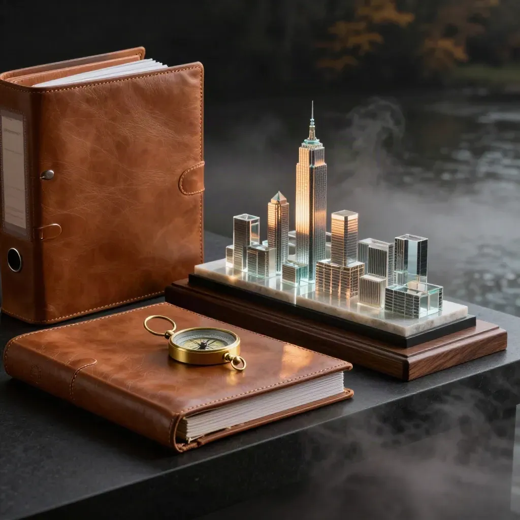 Leather binders, brass compass, stone samples and a glass city model in dawn haze