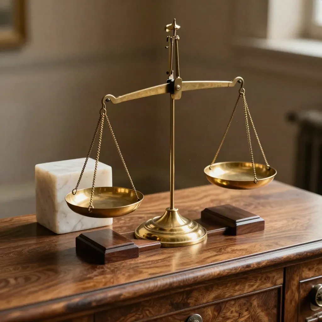 Brass balance scale with limestone cube and oak bookends on a polished console