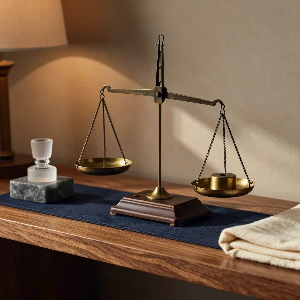 Brass balance scale with glass and stone portfolio weights on an oak shelf in a warm investment room