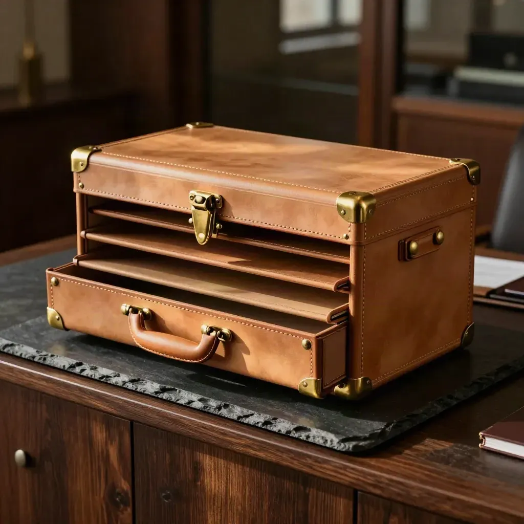 Leather project case with divider trays and closed portfolio box on a slate plinth in a dim office.