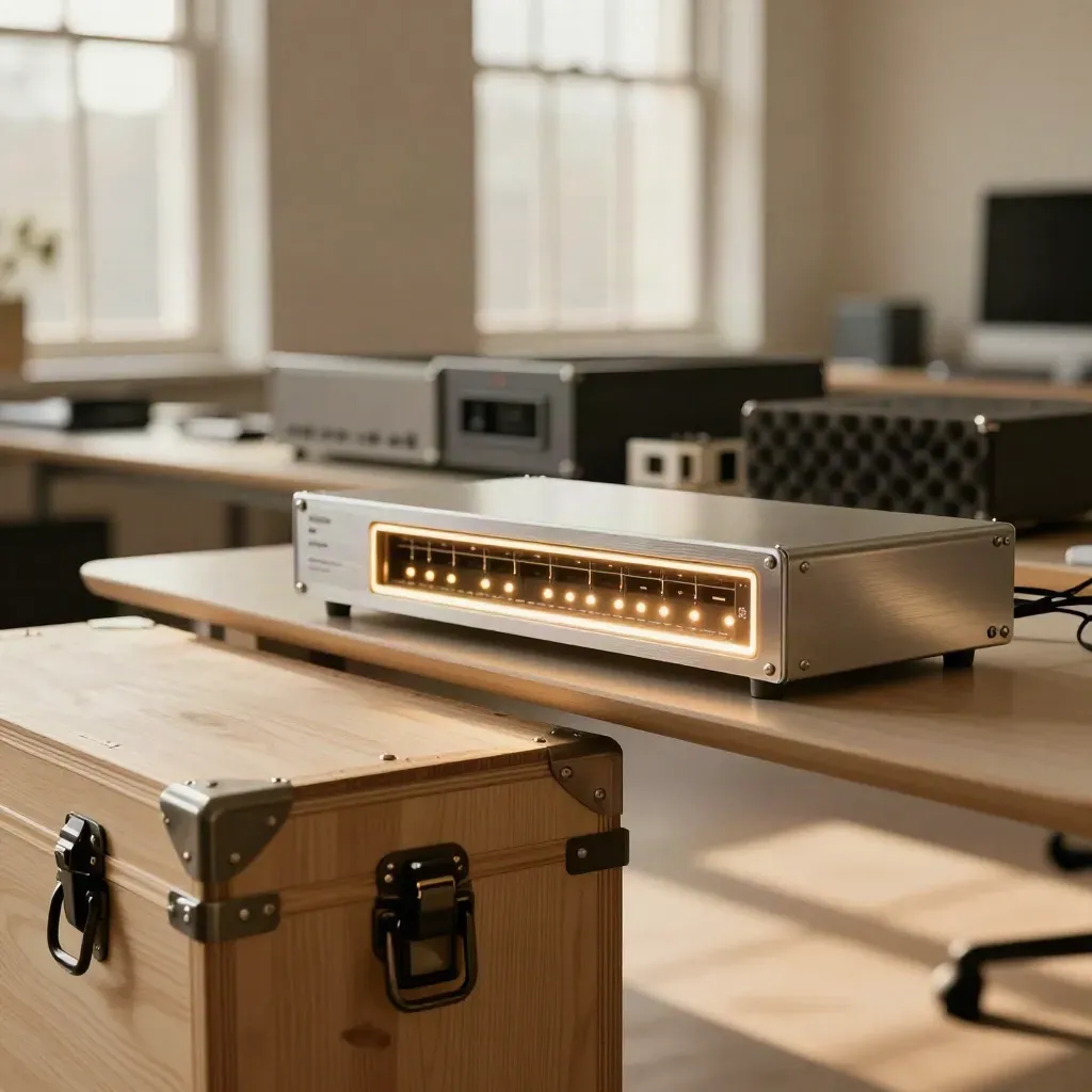 Macro of a London startup studio’s glowing network cabinet, sealed tech crates, and hardware cases.